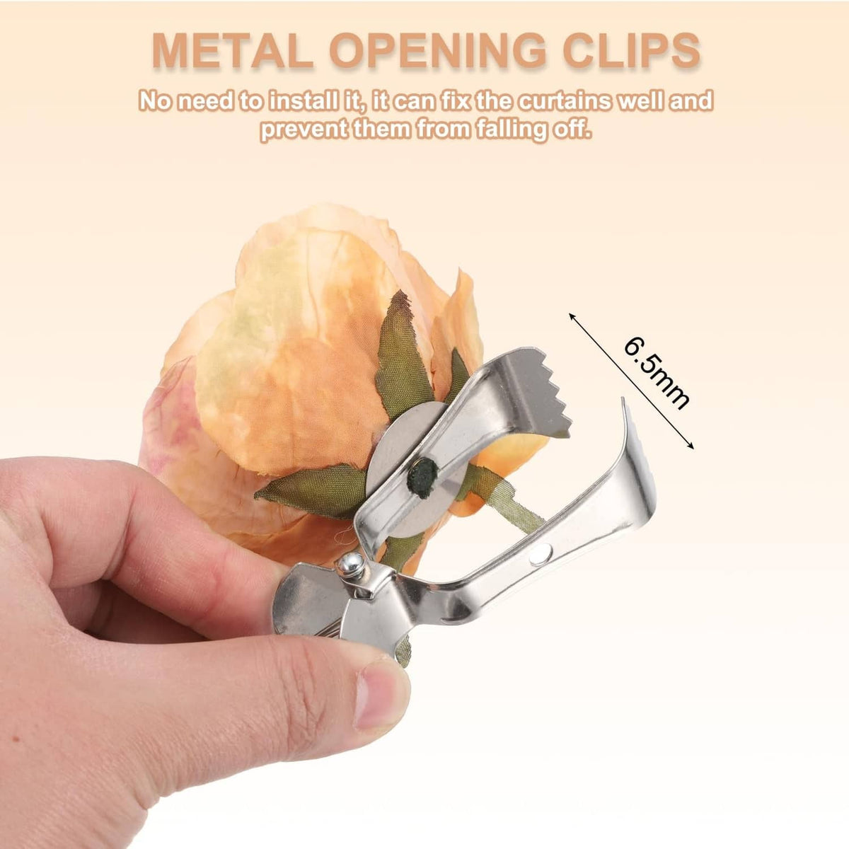 Metal clip curtain tieback holding an apricot artificial rose rosette