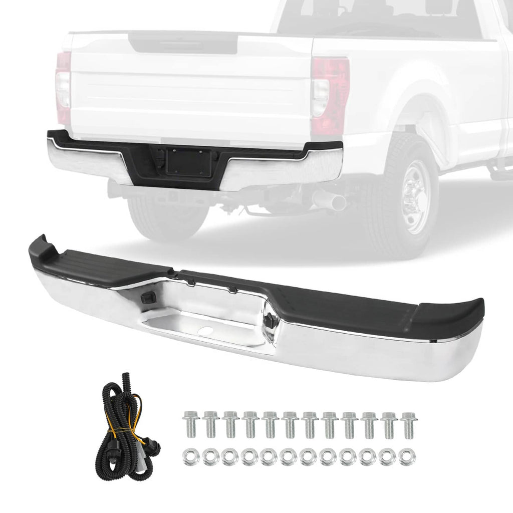 Chrome steel rear step bumper with black center insert and license plate opening