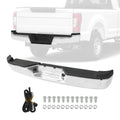 Chrome steel rear step bumper with black center insert and license plate opening