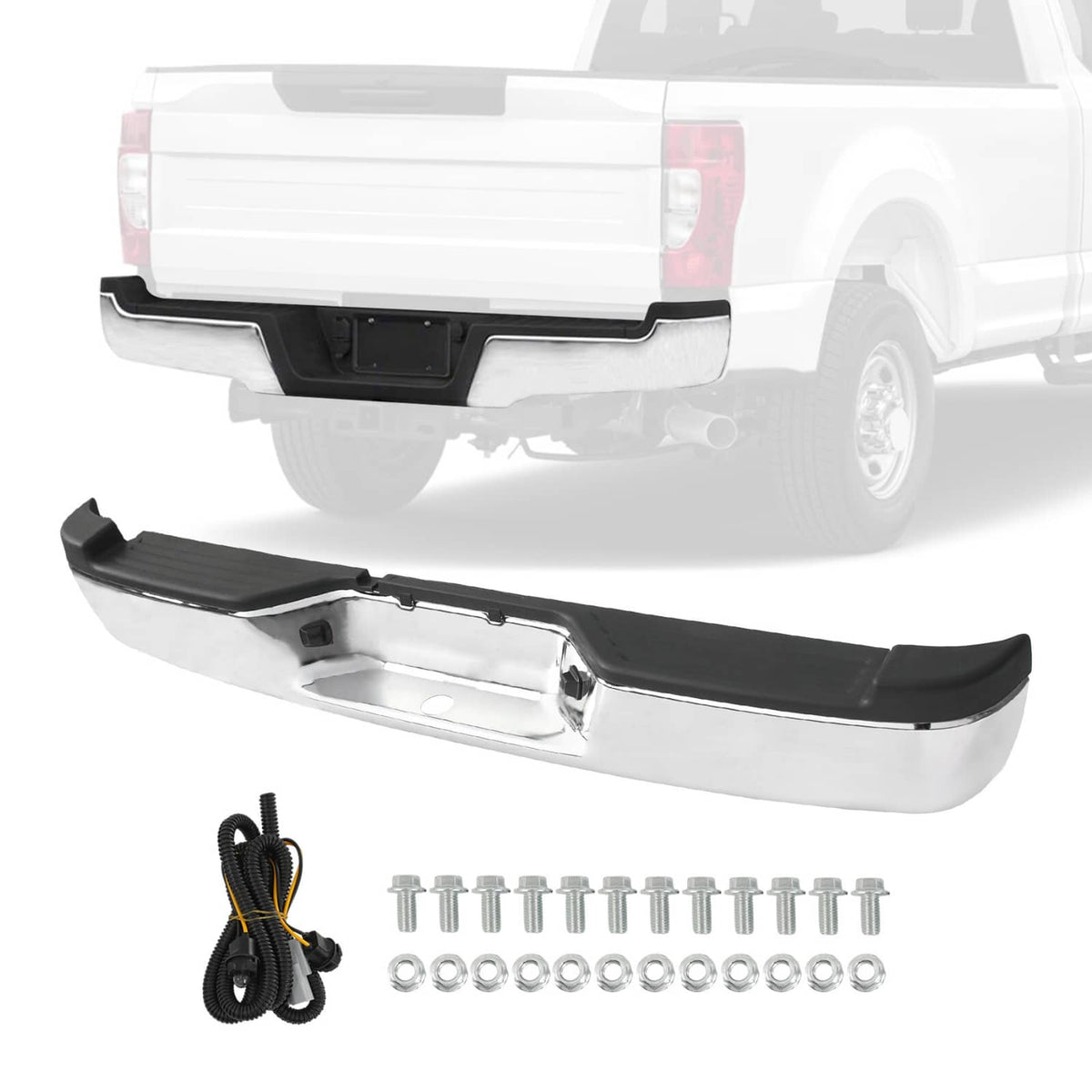 Chrome steel rear step bumper with black center insert and license plate opening