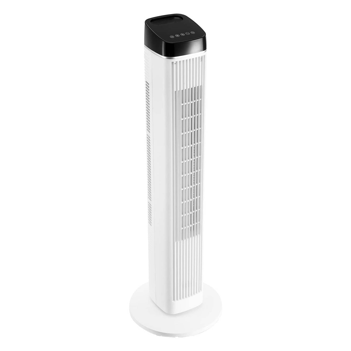 White tower fan front view with black control top and vertical grille on pedestal