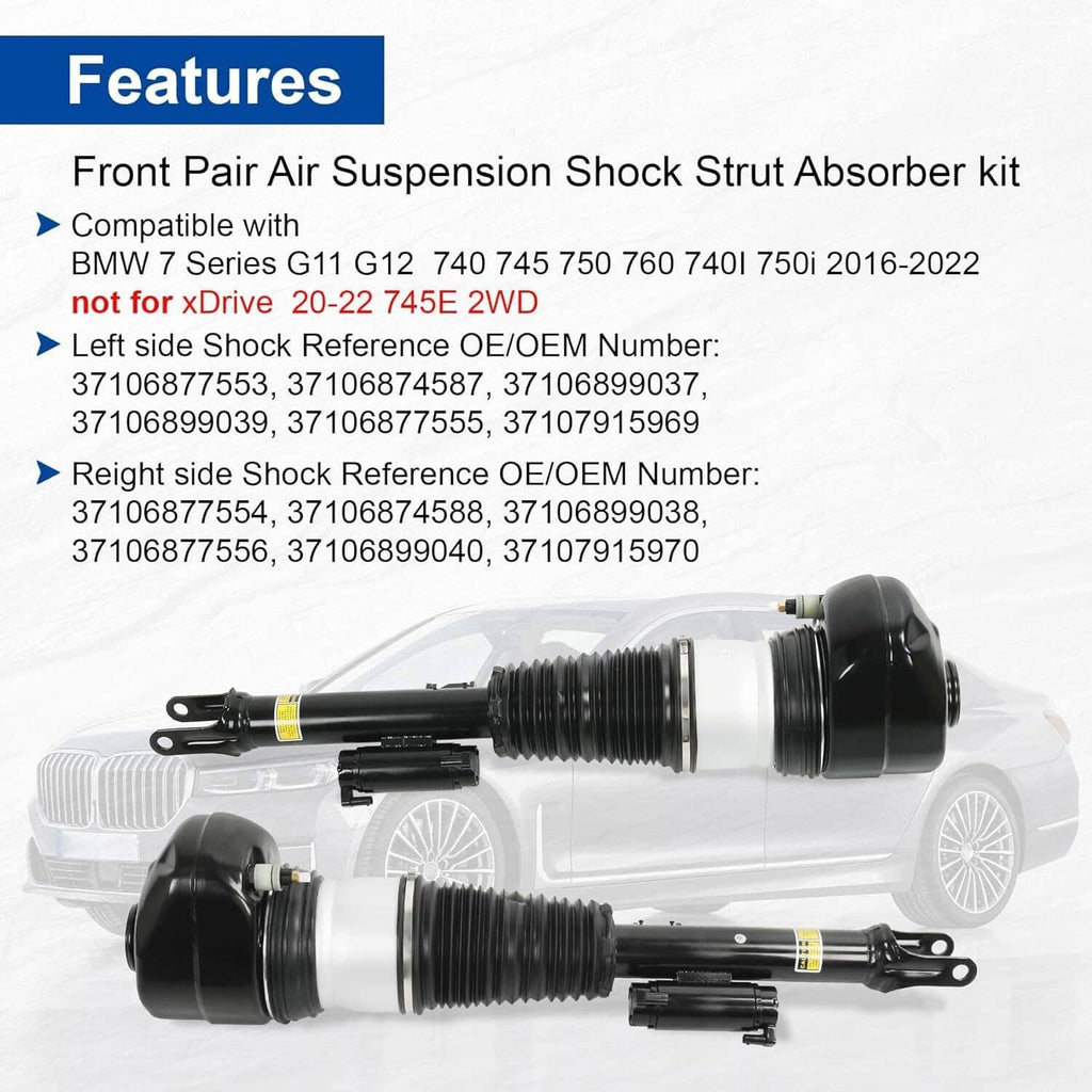 Front pair air suspension shock strut absorber kit with compatibility list on packaging