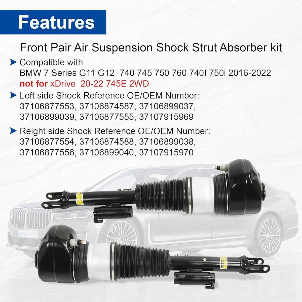 Front pair air suspension shock strut absorber kit with compatibility list on packaging