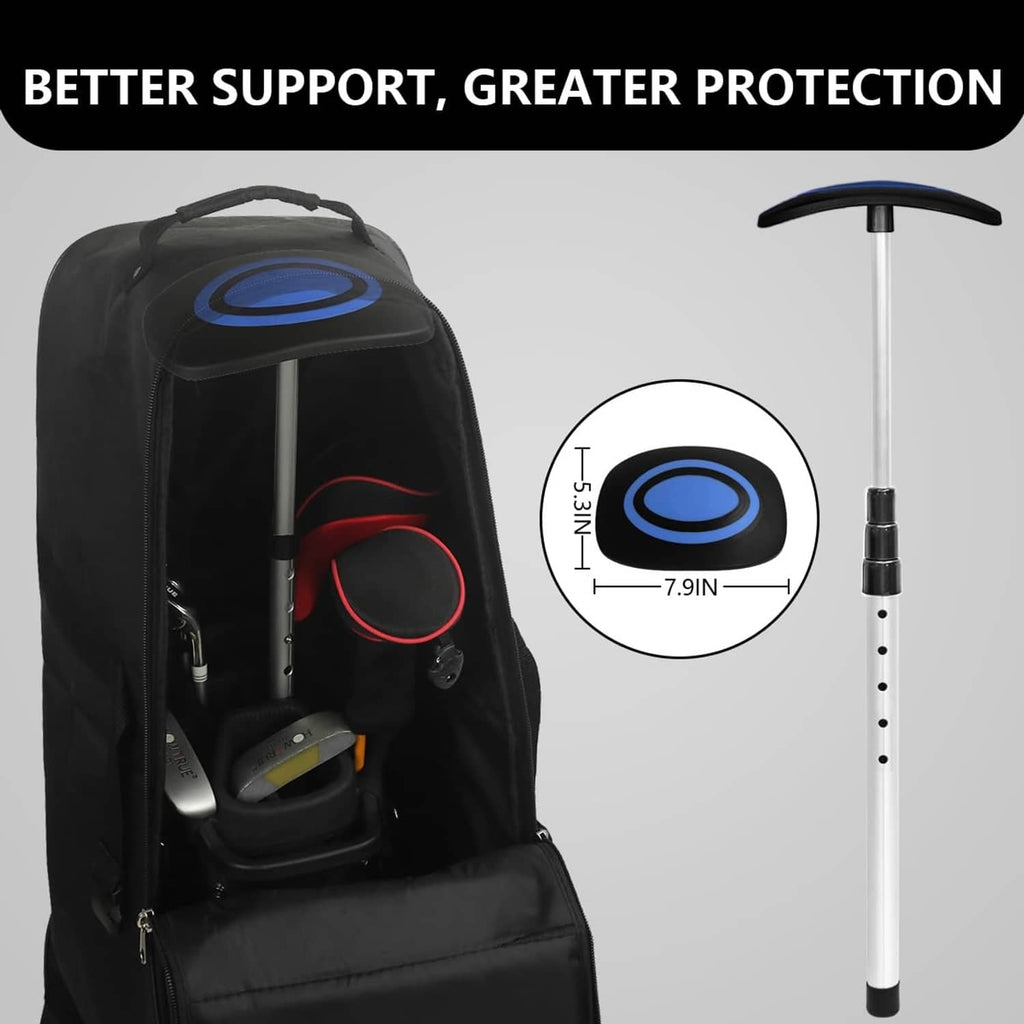 Golf travel umbrella club support system with blue-ring cover inside a black golf bag