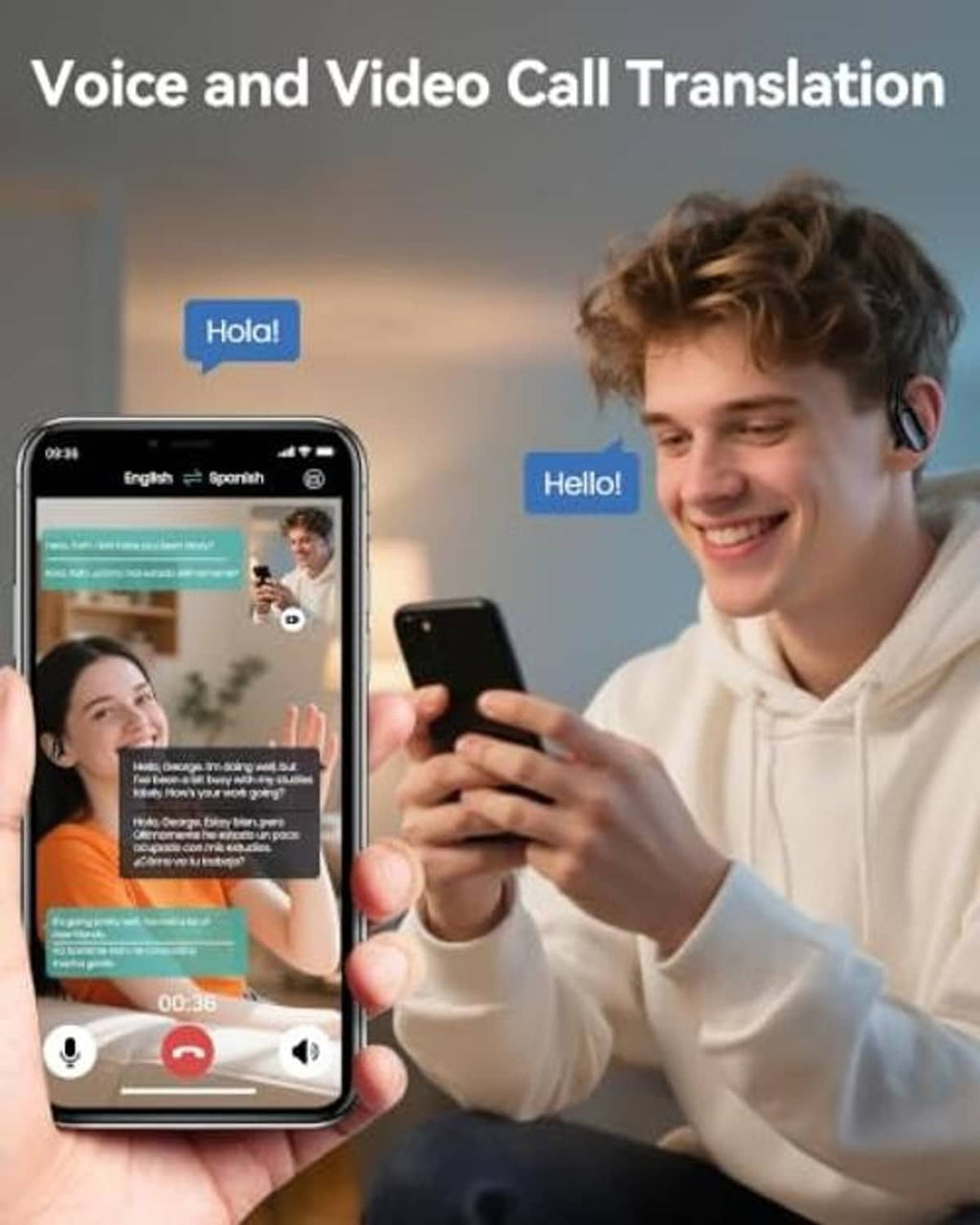 Black earbuds with smartphone translation screen, earbuds and phone held near person.