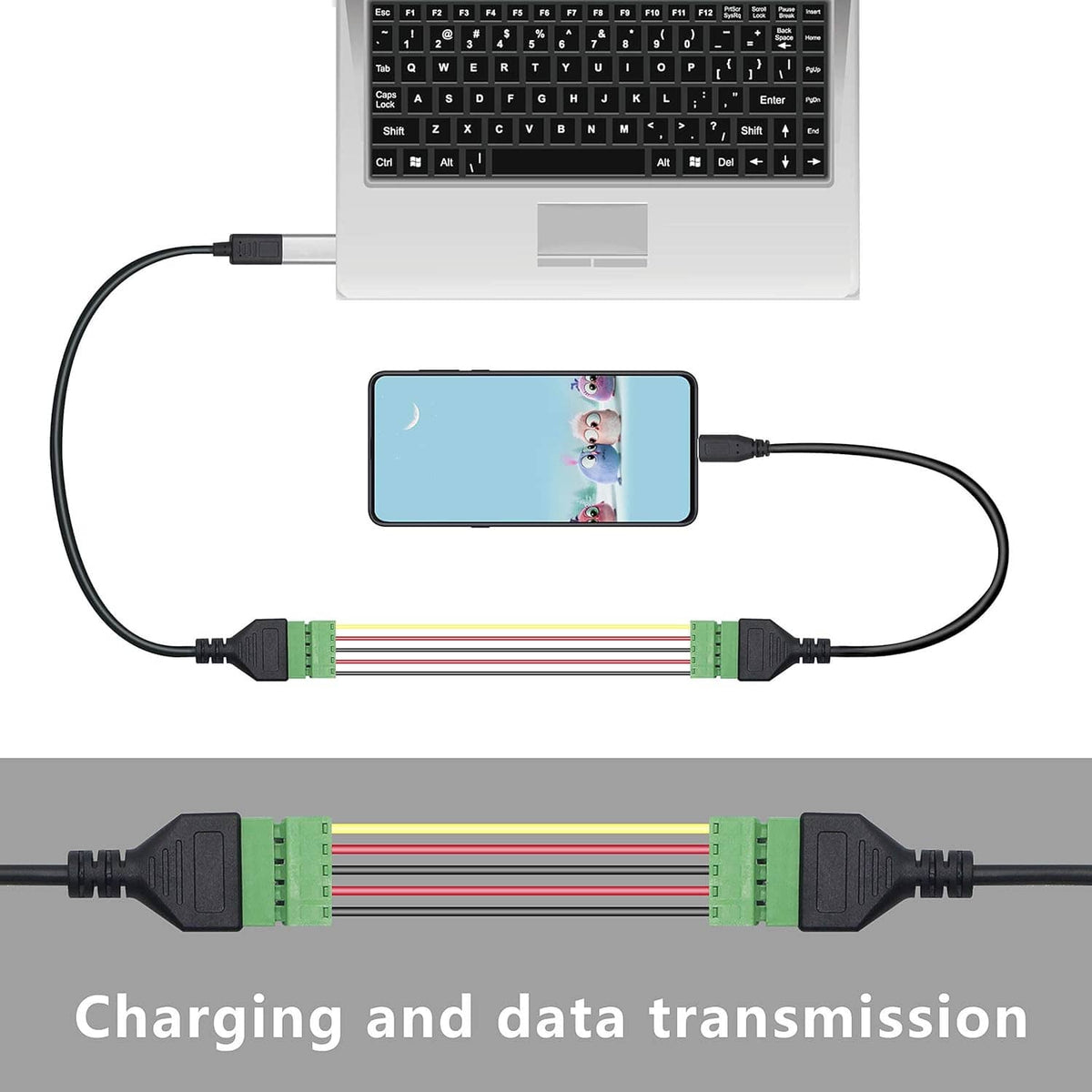 USB-C male to green terminal block cable for charging and data transmission