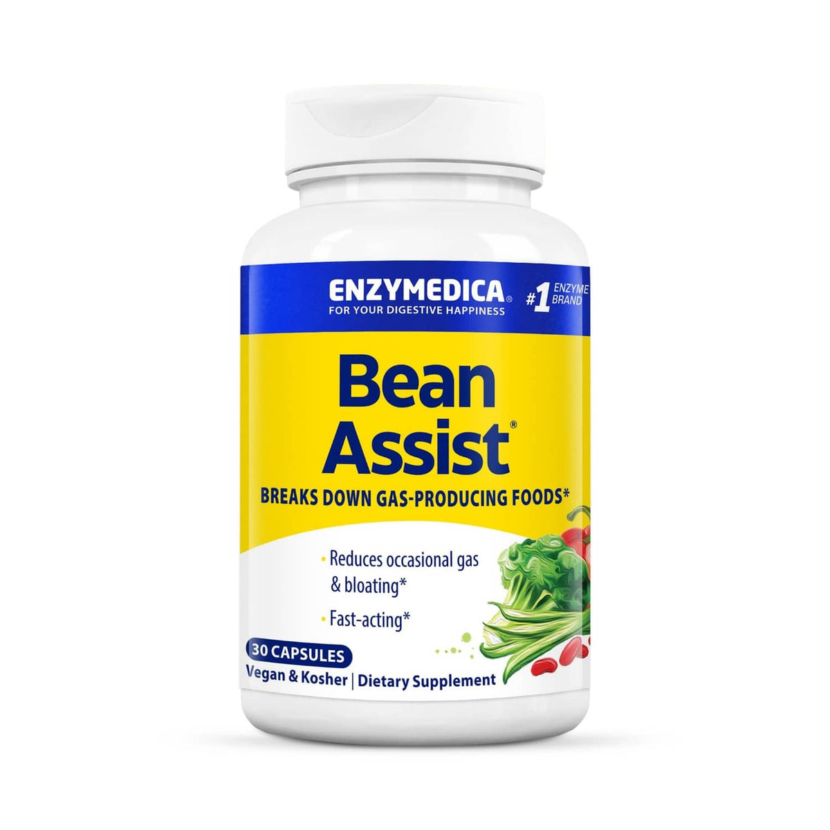 Enzymedica Bean Assist digestive enzyme supplement bottle with white cap and yellow label