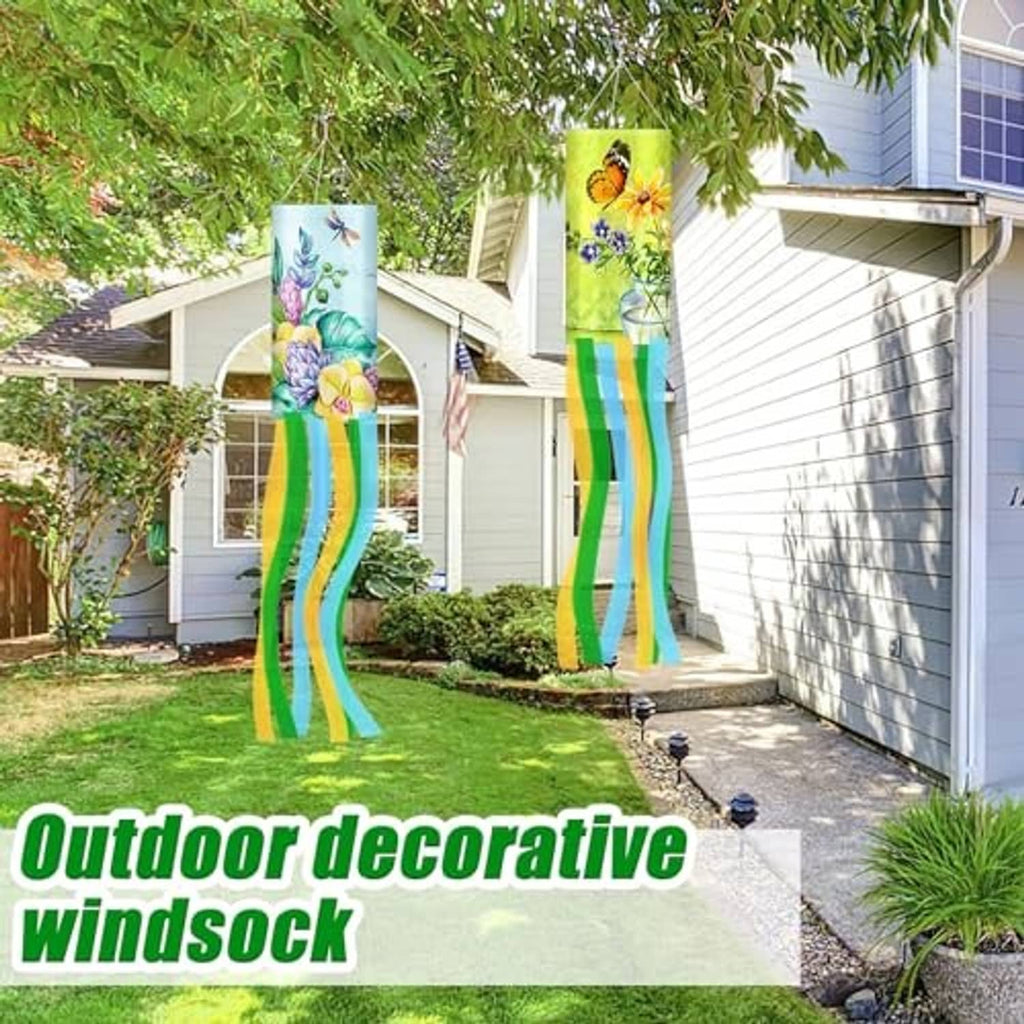 Pair of hanging windsocks with butterfly and floral panels, multicolor vertical stripe tails