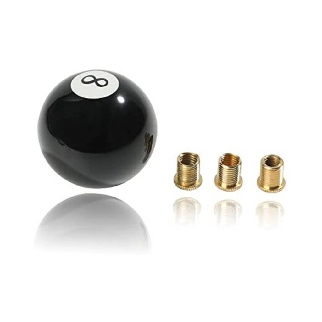 Black round shift knob with white 8 emblem, plus three copper thread adapters