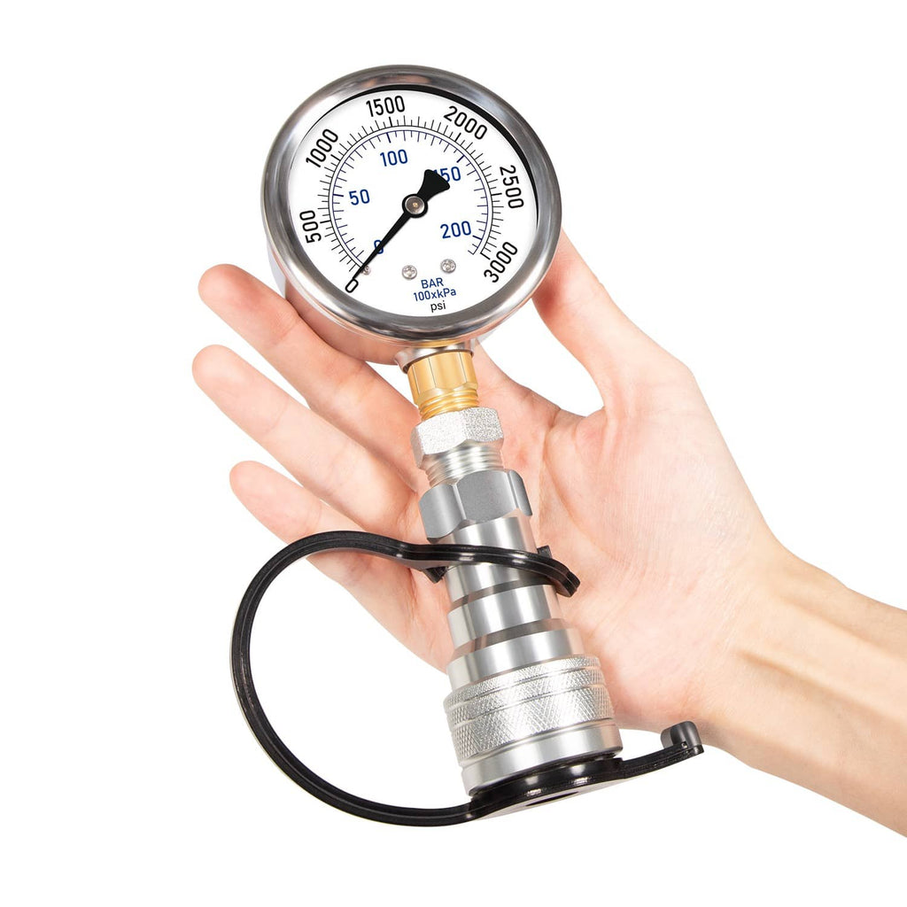 Hydraulic boost kit with pressure gauge, hose, and metal fitting shown in hand