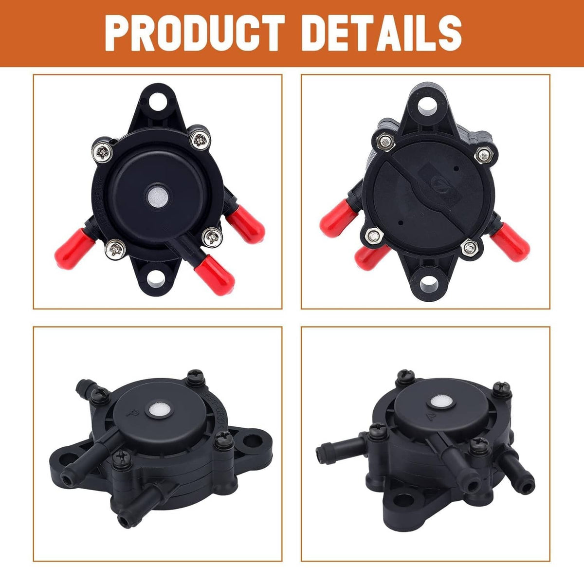 Fuel pump product detail set with four views of the black assembly