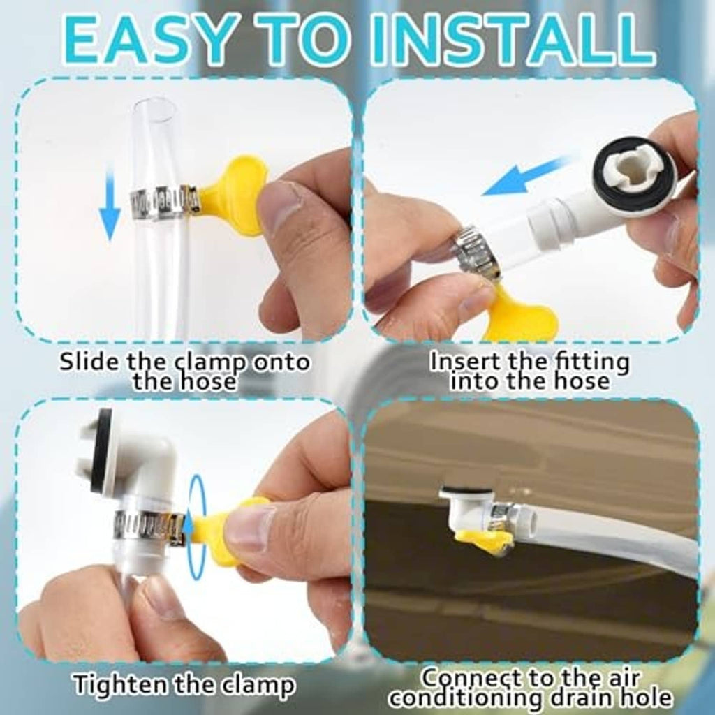 AC drain hose fitting set with metal clamp pieces and yellow quick-lock tabs