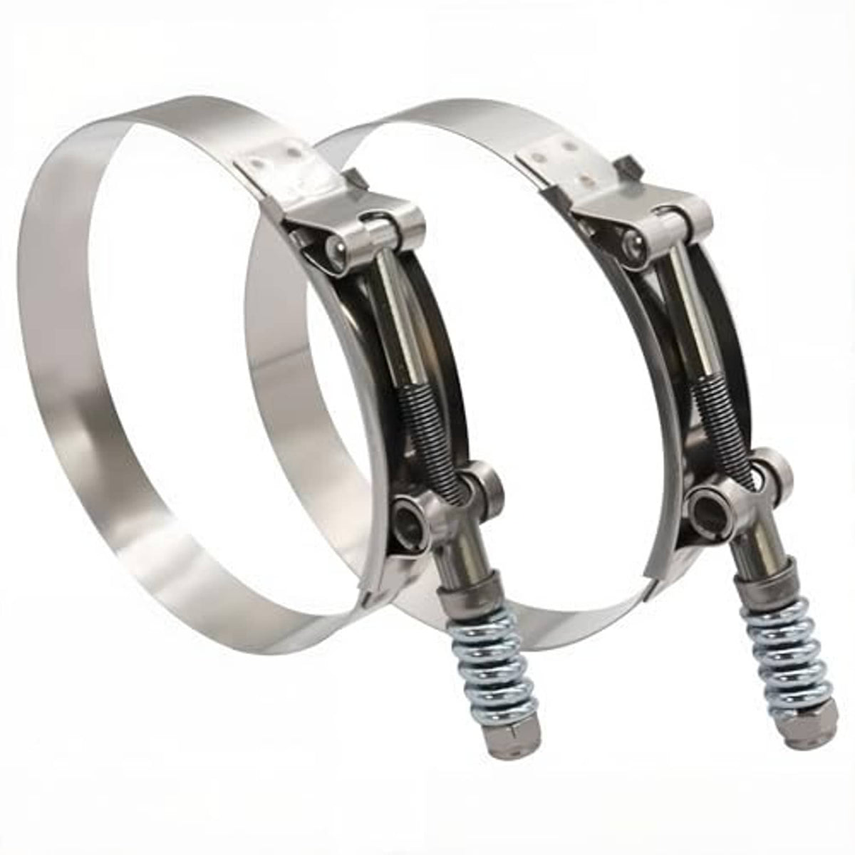 Stainless steel T-bolt hose clamp set with spring-loaded bolt and black inner band, angled view