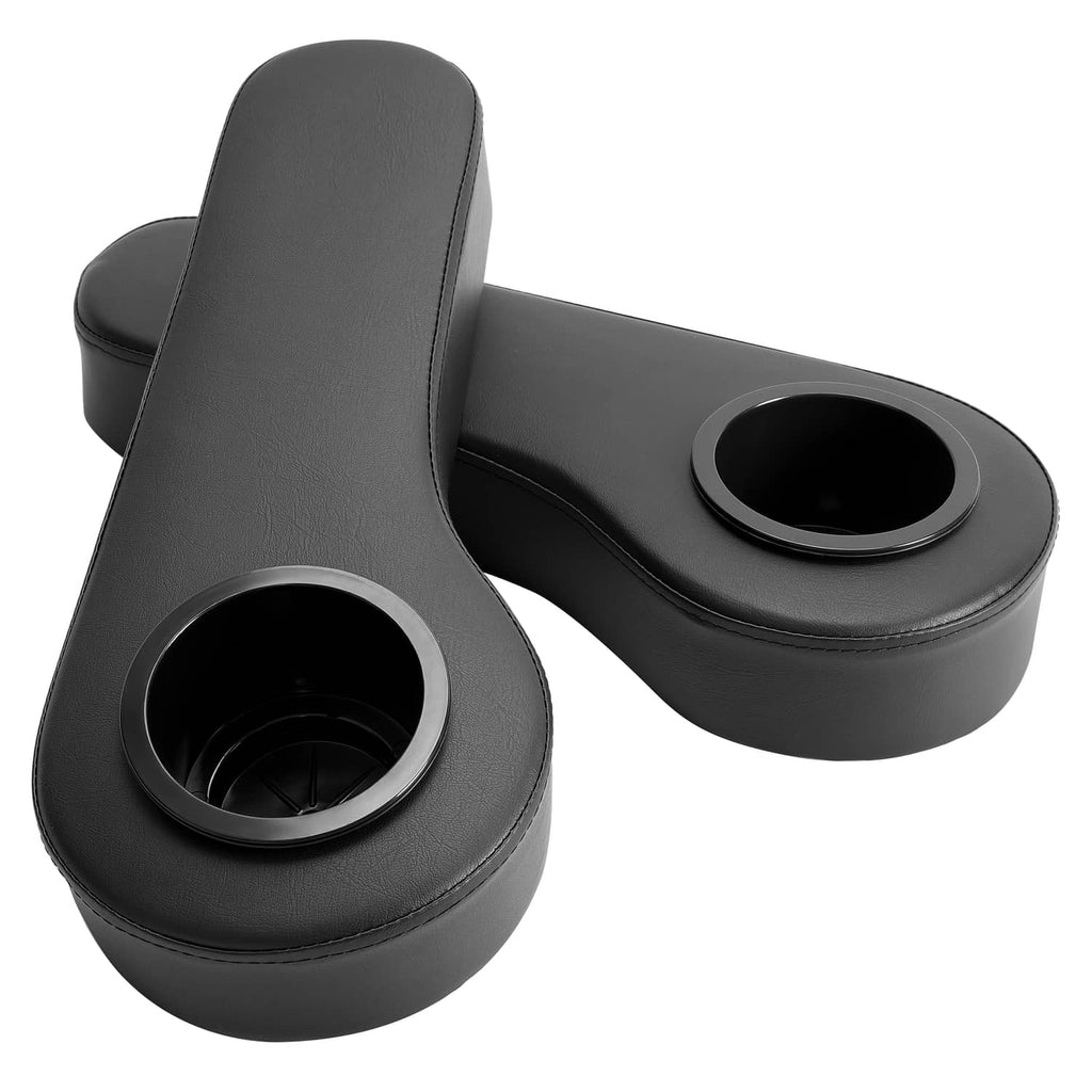 Black dual armrest cup holders with rounded bases and circular openings