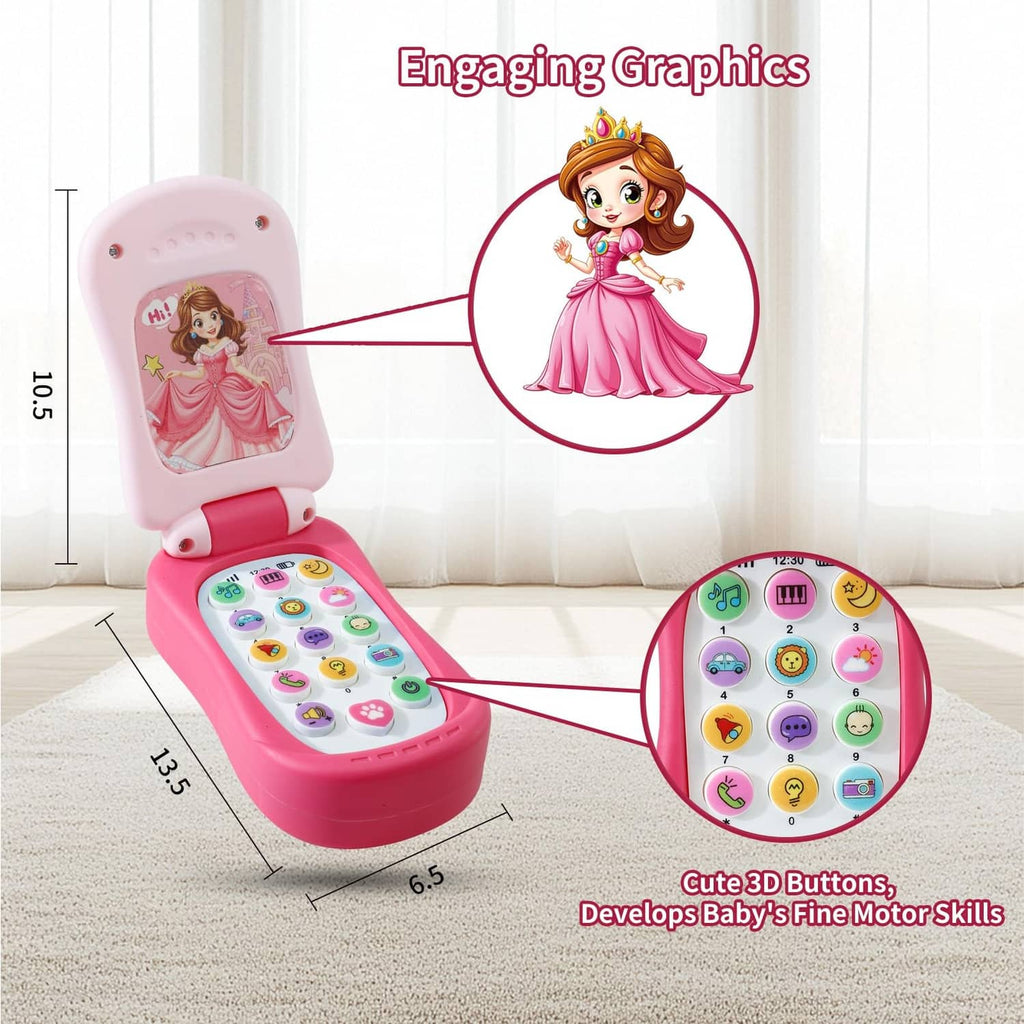 Pink and white toy cell phone with character graphic and round button layout