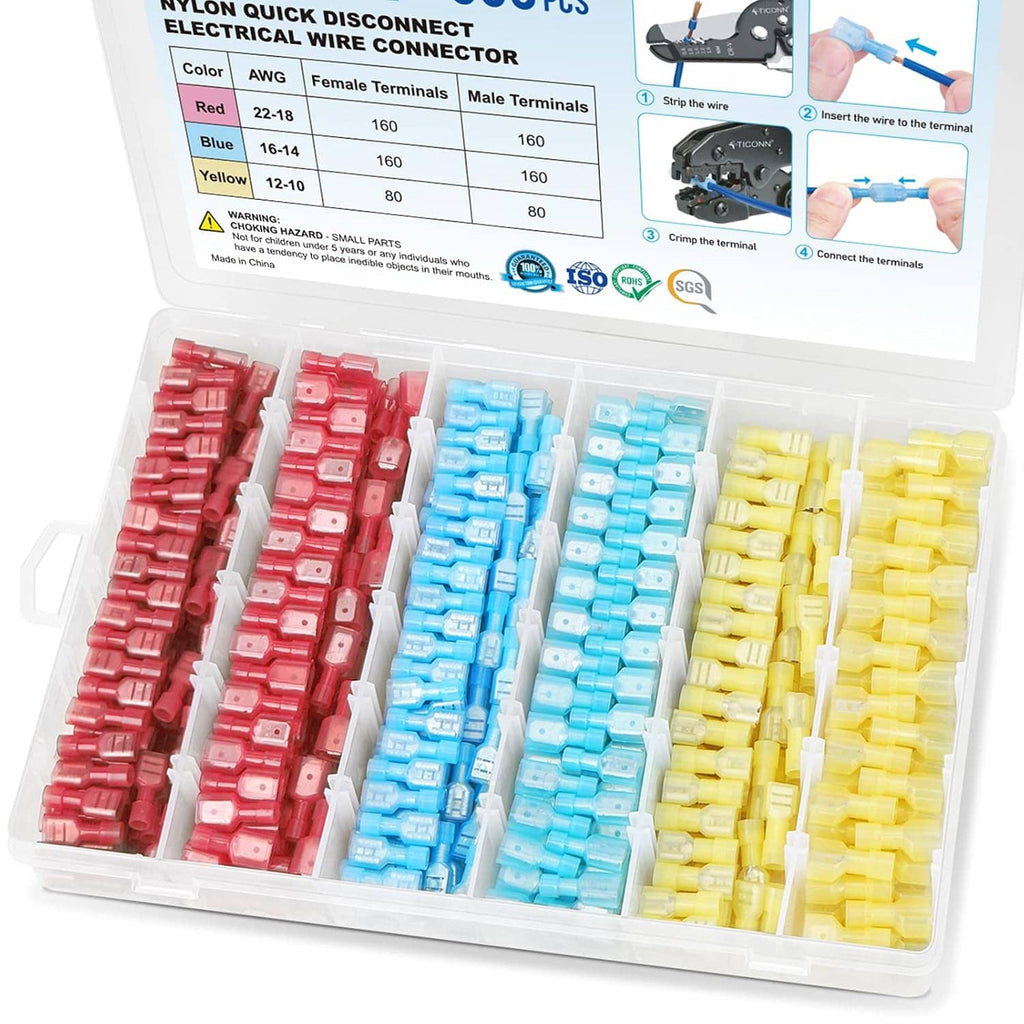 Nylon quick disconnect wire terminals kit in clear organizer, red blue and yellow