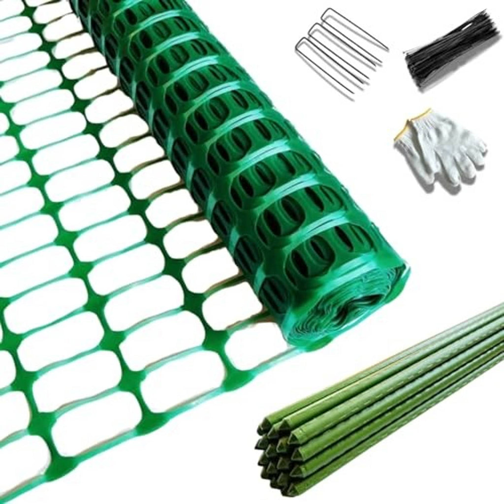 Green plastic fence mesh roll with stakes, zip ties, and stapling hardware included.