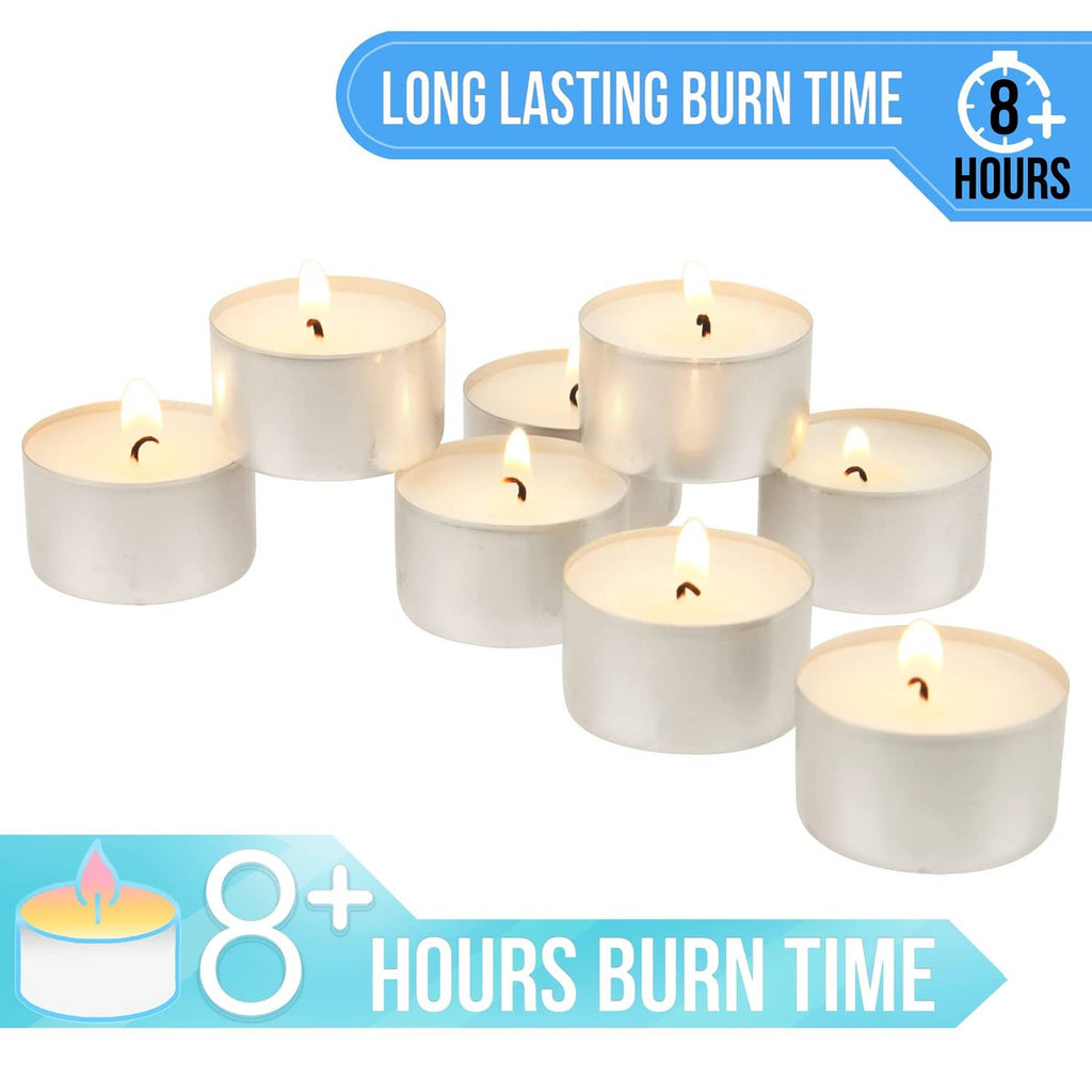 White unscented tea light candles with flames, pack shown as multiple cups