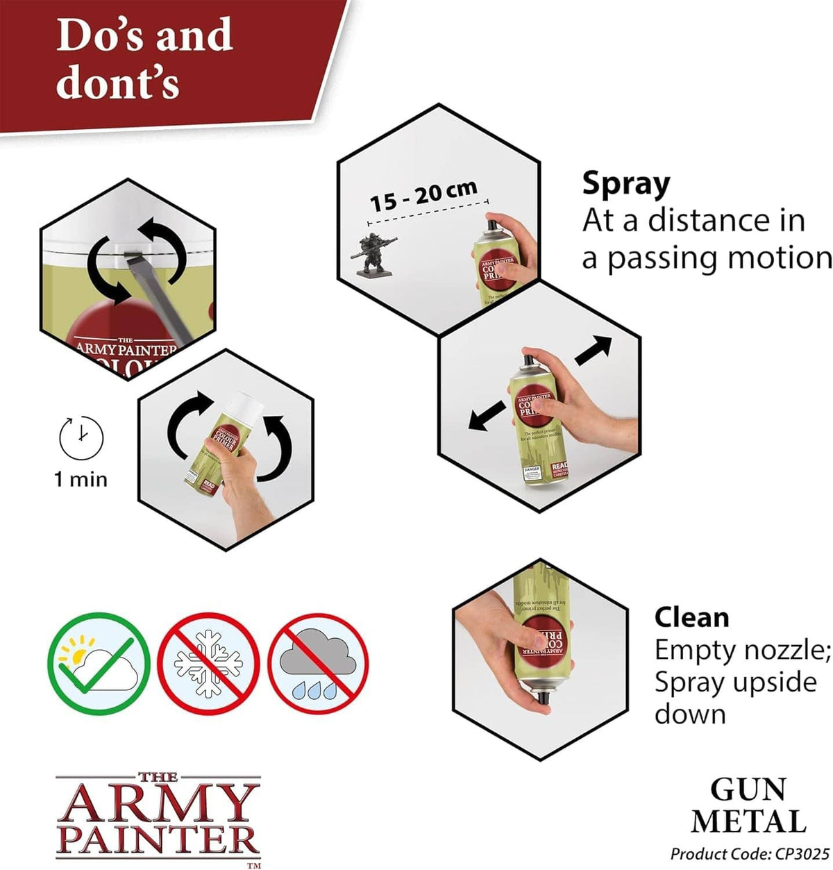 Gun metal primer usage diagram with spray distance steps and nozzle cleaning guidance