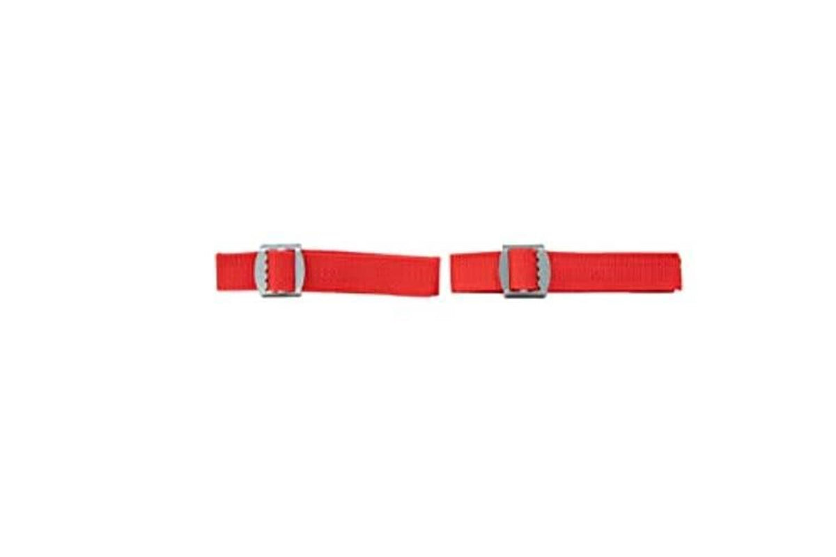 Red climbing safety belt with metal buckles and woven strap webbing