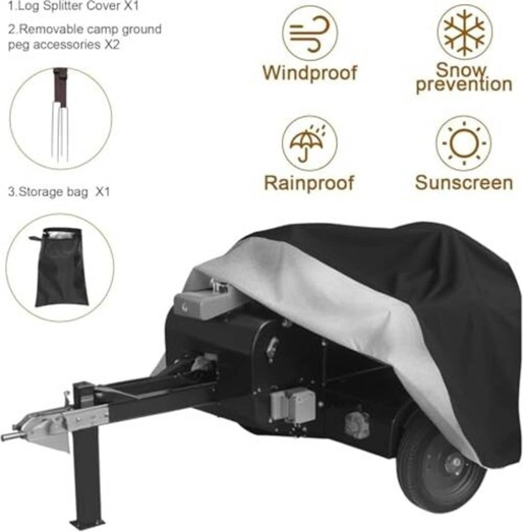 Black log splitter cover with orange stripe accents, shown with storage bag