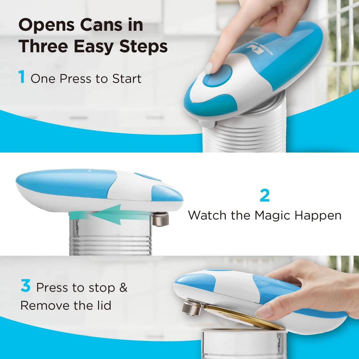 Kitchen can opener pressing onto a can lid, sky blue and white oval body.
