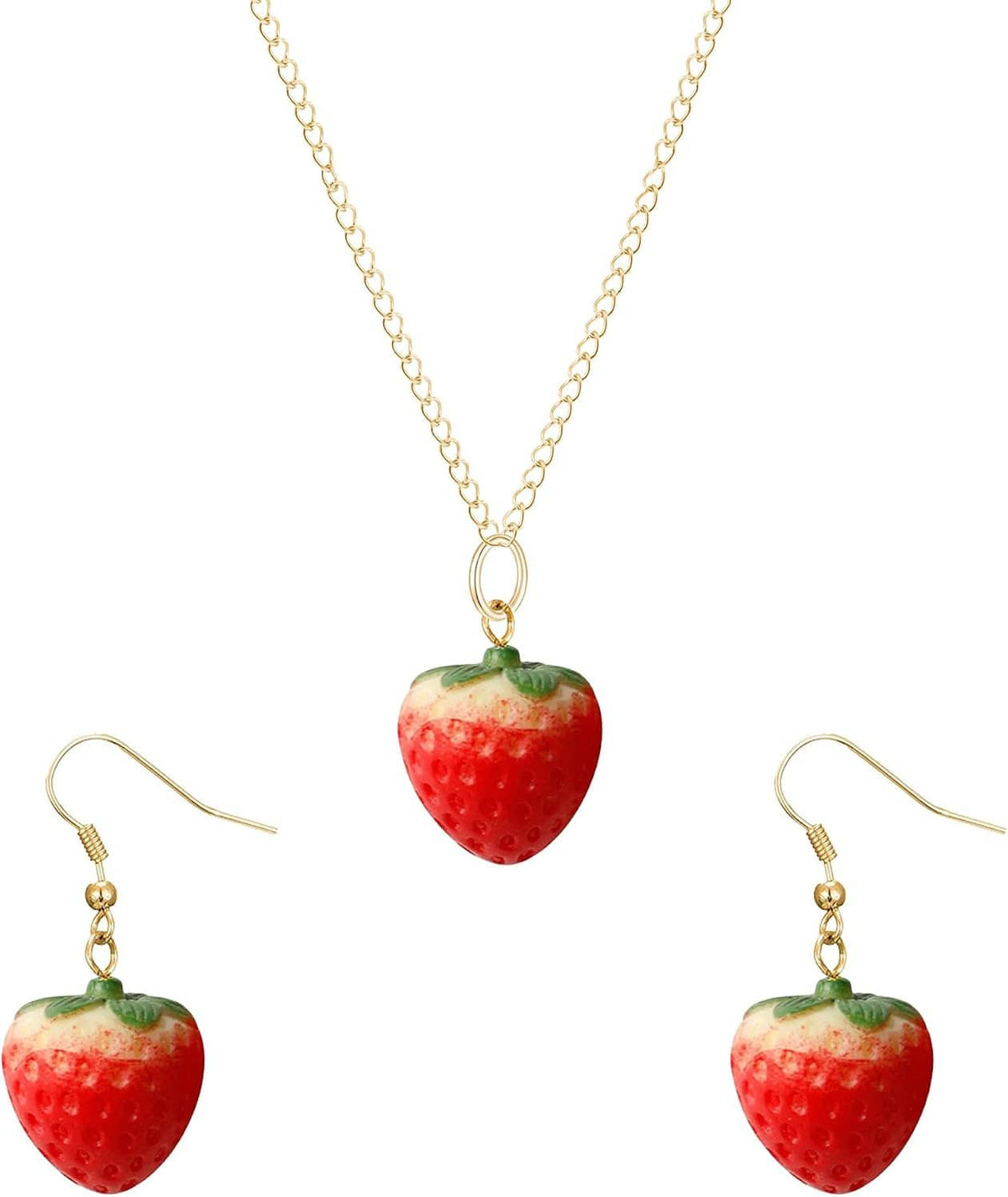 Gold-tone strawberry charm necklace with two strawberry dangle earrings for women