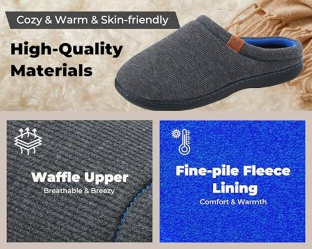 Dark grey knit slipper with waffle upper texture and blue fleece-style lining