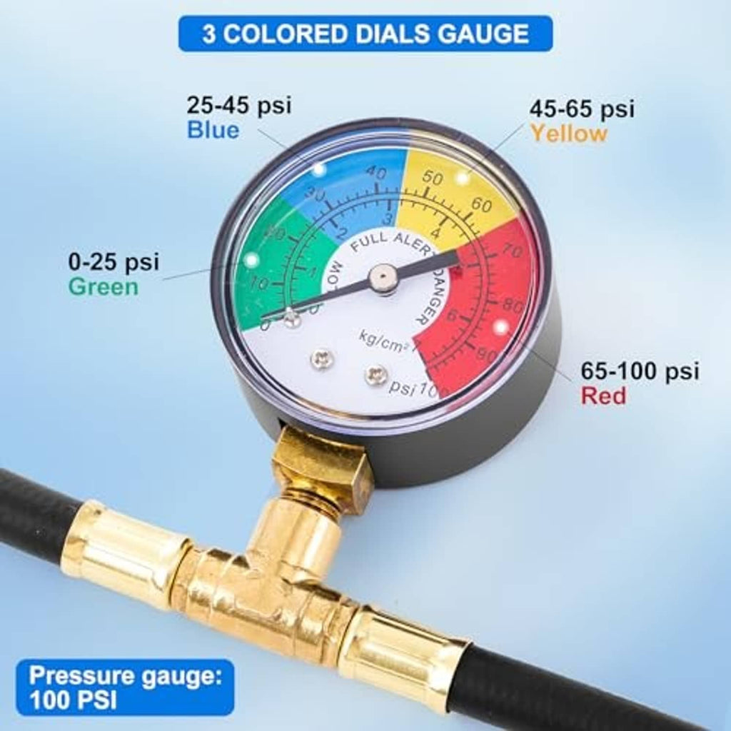 Pressure gauge with 3 colored PSI dials and brass tee connector