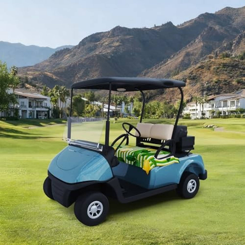 Universal golf cart bench seat cover with green striped lemon print on a golf cart