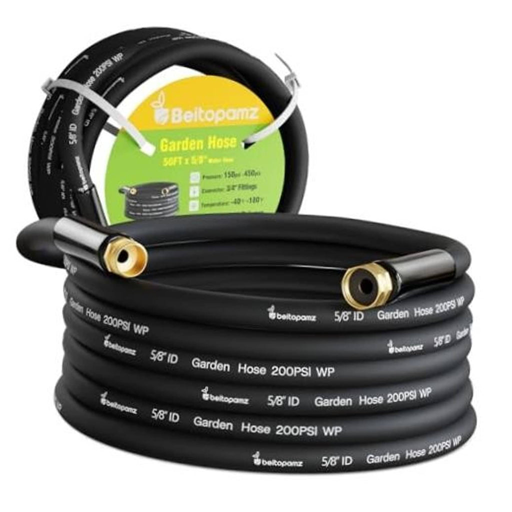 Black garden water hose coil with two brass connectors on the ends