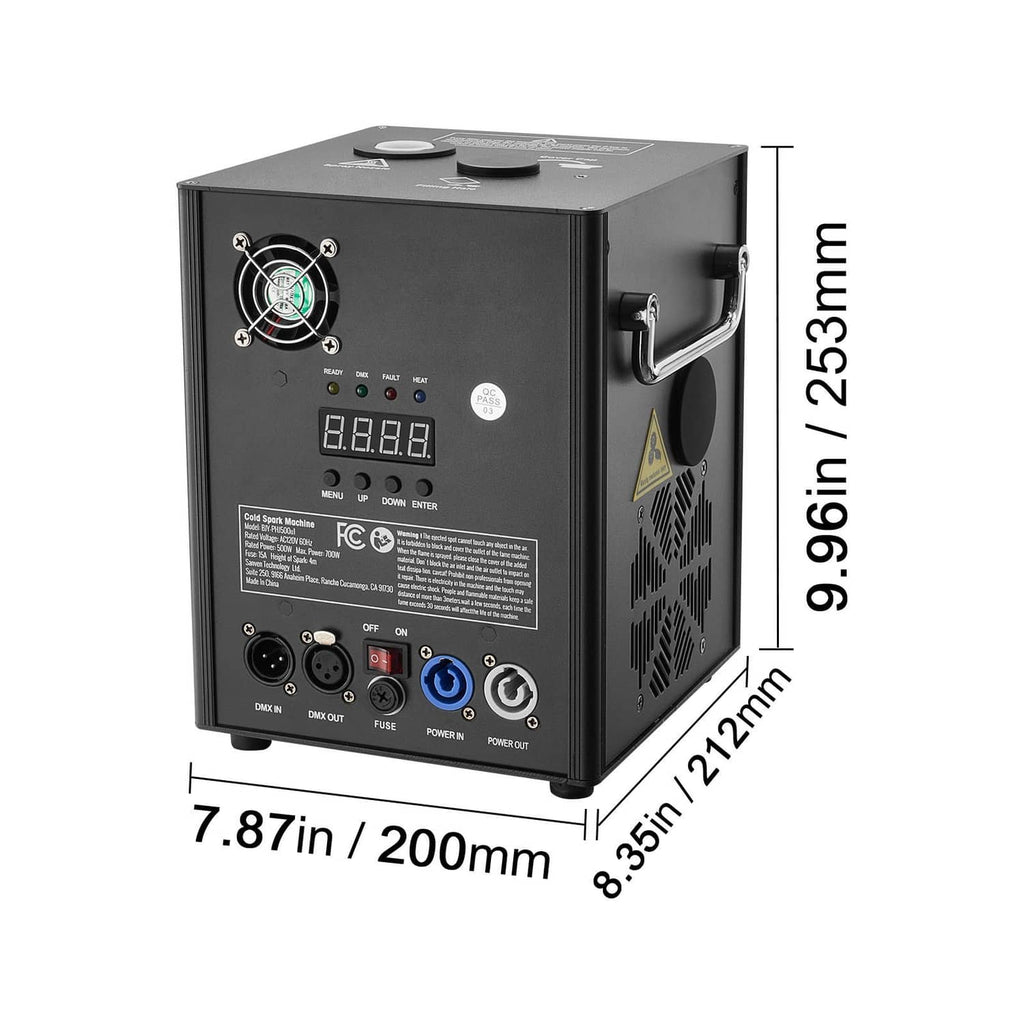 Black cold spark firework machine angled view with rear inputs and carry handle
