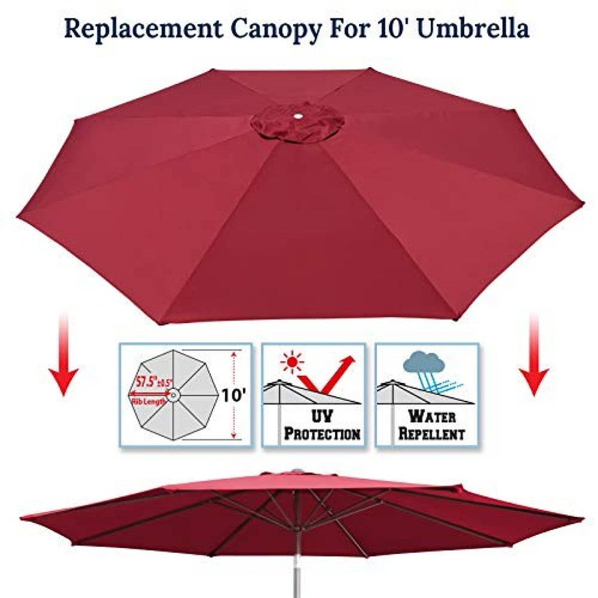 Burgundy umbrella canopy top cover with center vent button and 8-panel shape