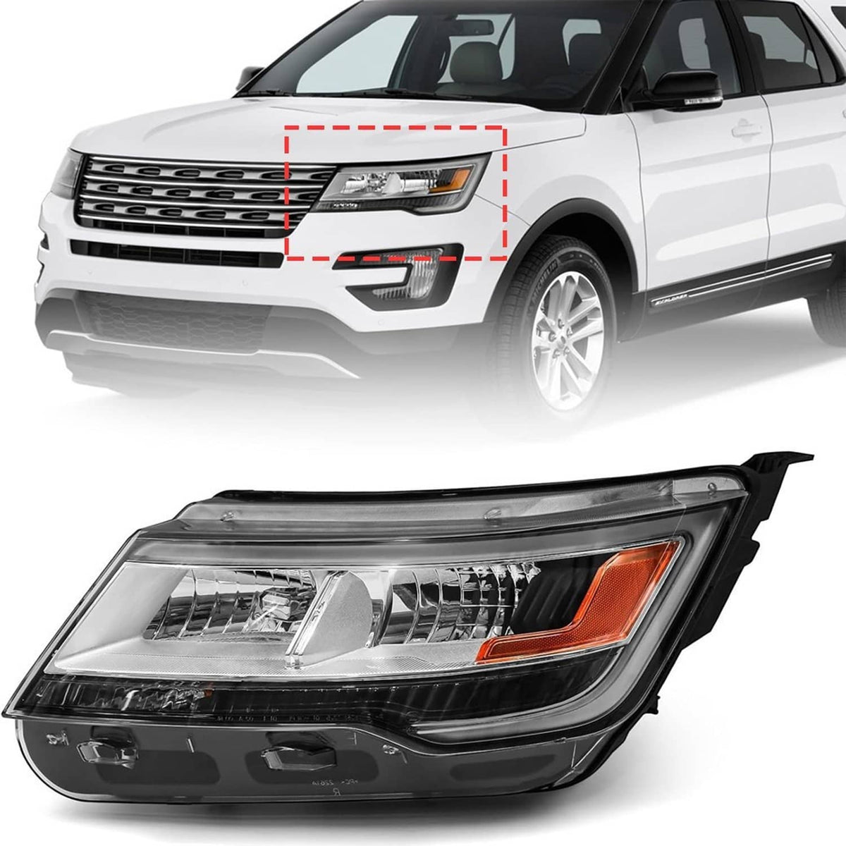 Left-side headlight assembly with chrome reflector, clear lens, and amber corner marker
