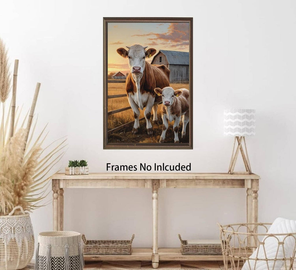Framed rustic farm canvas wall art of a brown cow and gray calf in a field