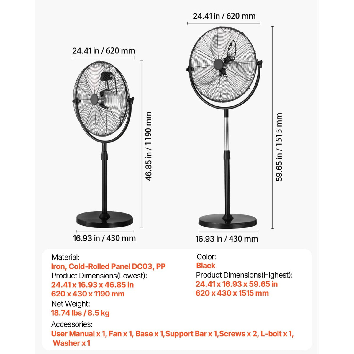 Black pedestal floor fan with labeled dimensions, material, and net weight