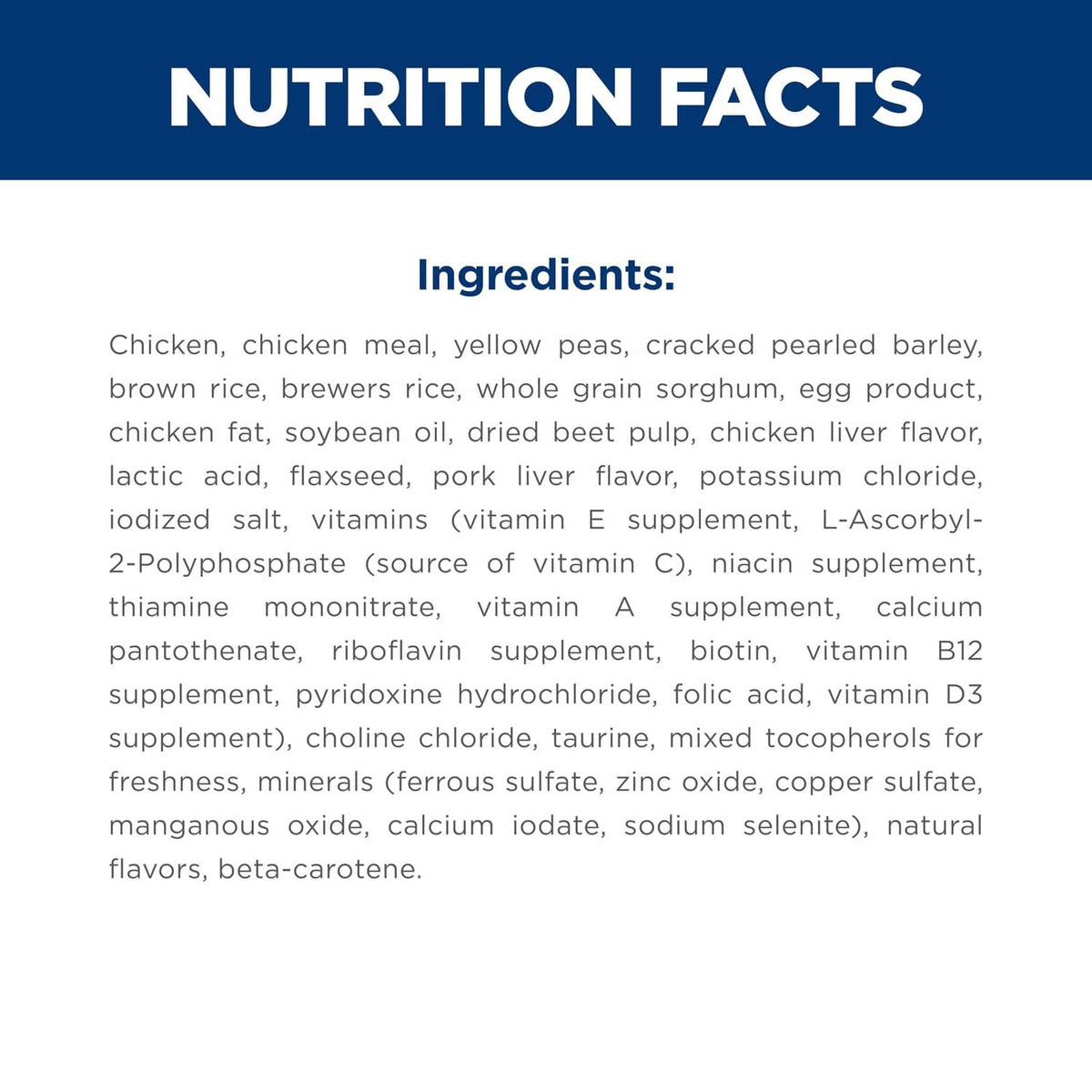 Dog food nutrition facts ingredients list panel for a chicken recipe