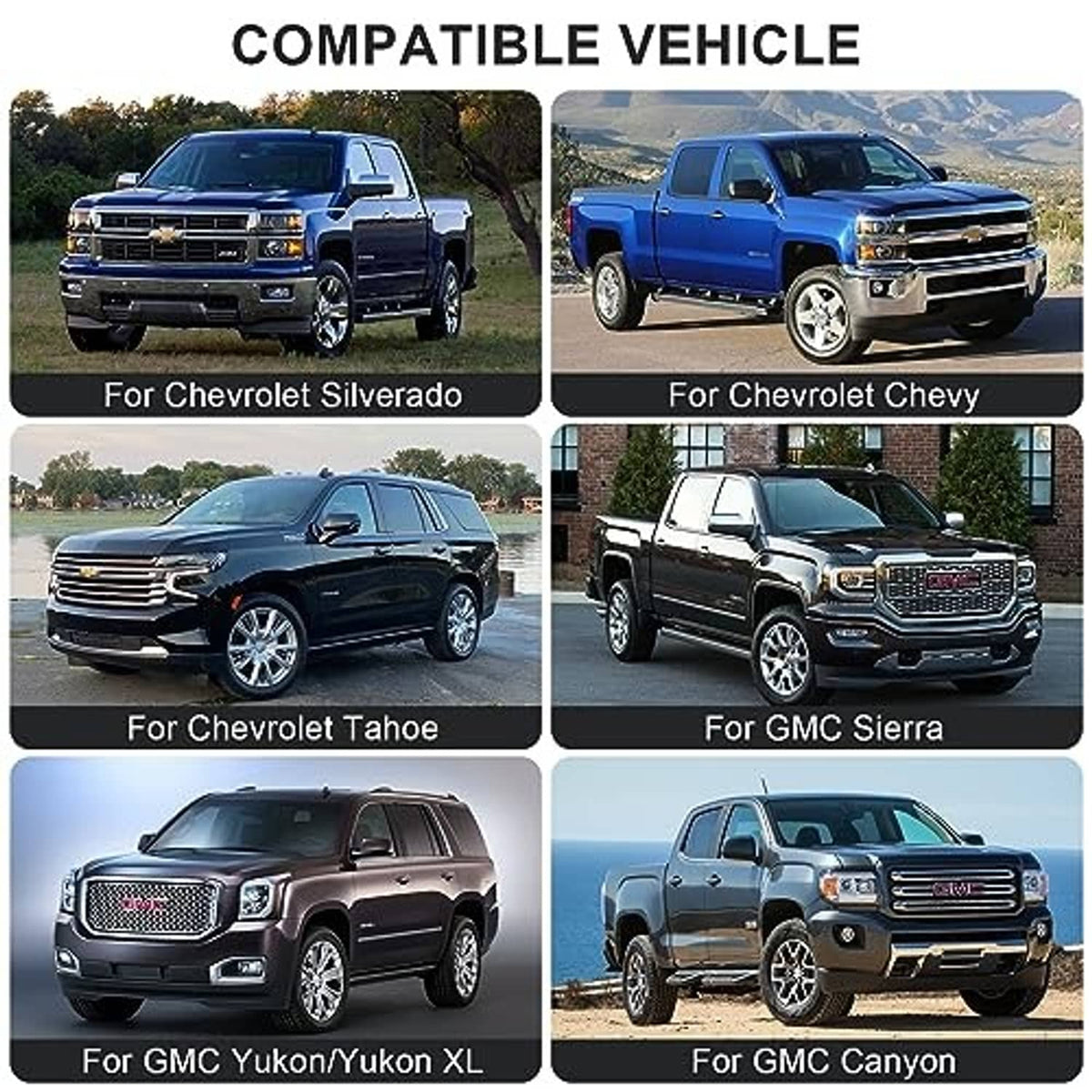 Black textured exterior door handle compatibility graphic for multiple vehicle models