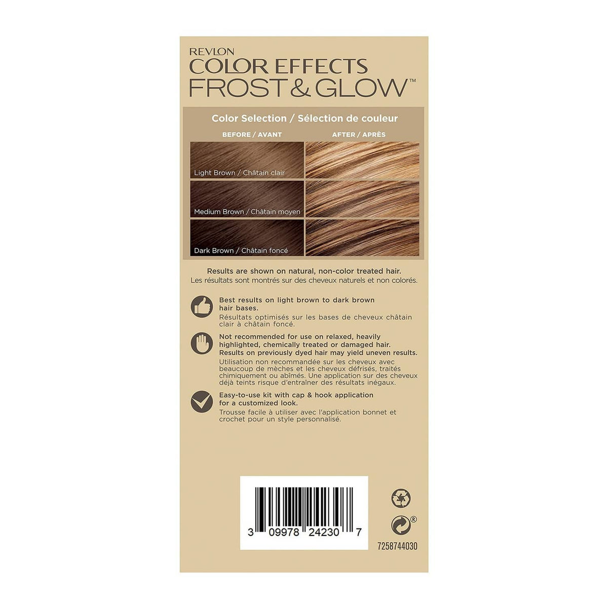 Revlon Color Effects Frost & Glow color selection chart with brown shades