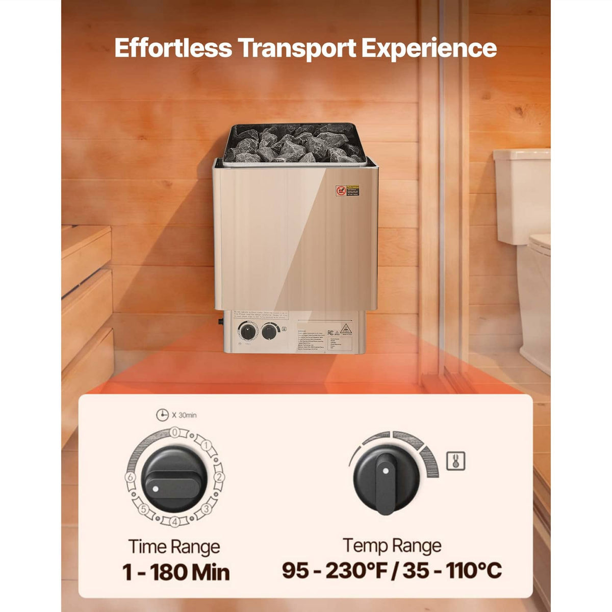 Stainless steel electric sauna heater with front control dials and covered rock compartment