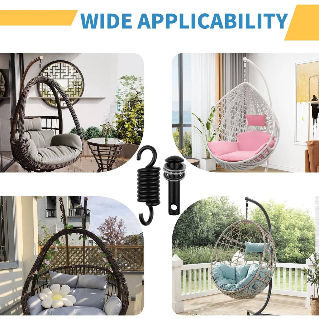 Black hanging chair kit components: coiled spring hook and top mount connector