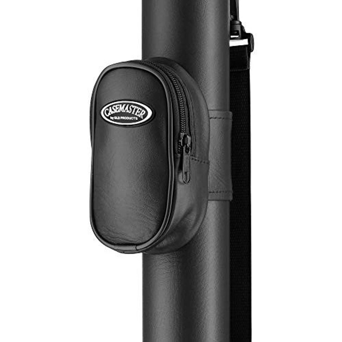 Black cue case zippered side pocket with circular “CASEMASTER” logo