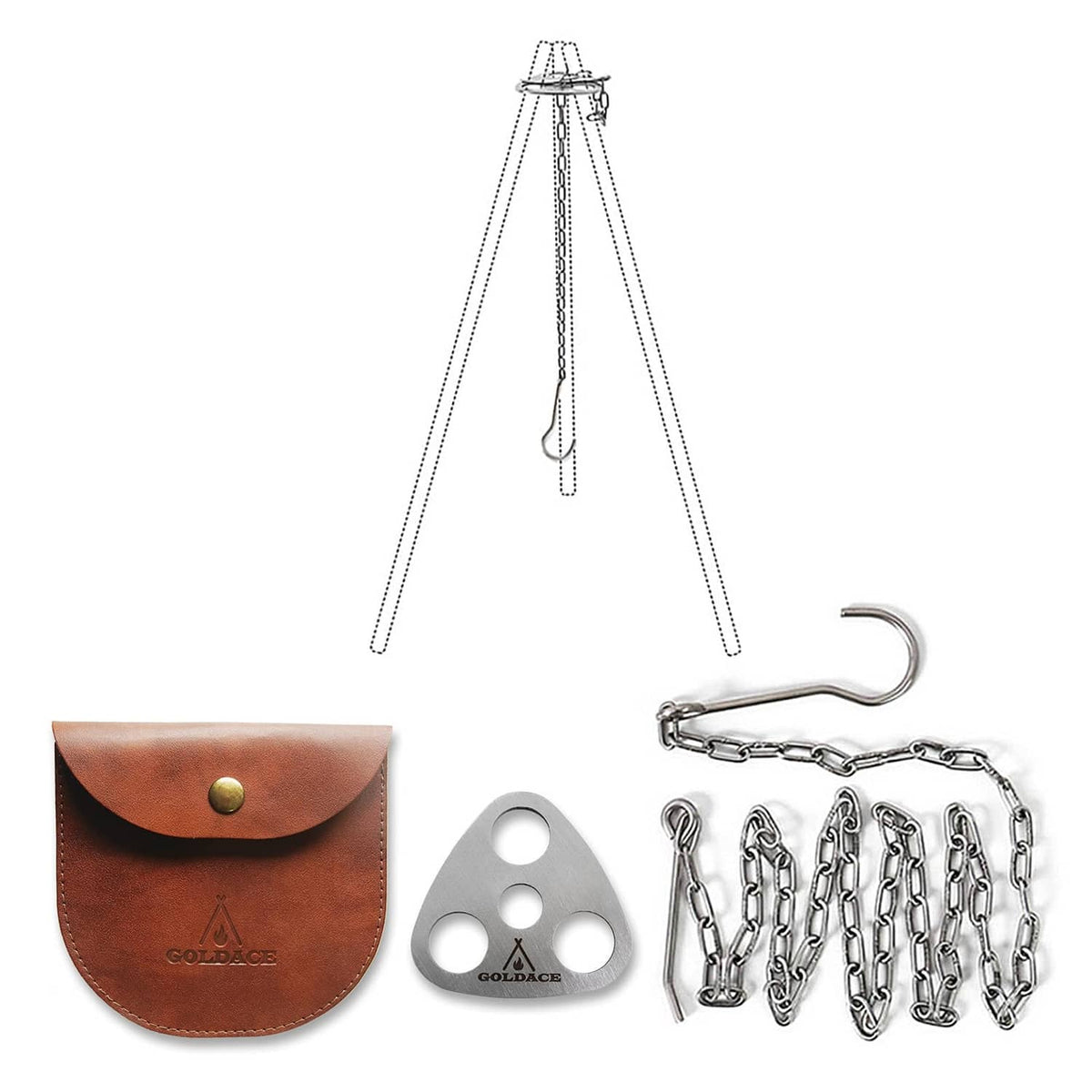 Stainless steel campfire cooking tripod stand with hanging chain hooks and pouch