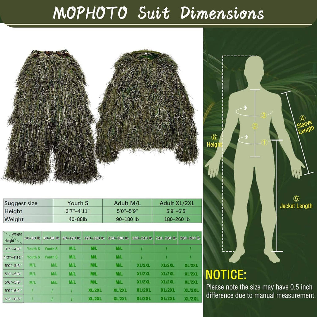 3D camouflage ghillie suit pieces: jacket, pants, and hood with tangled green fibers.