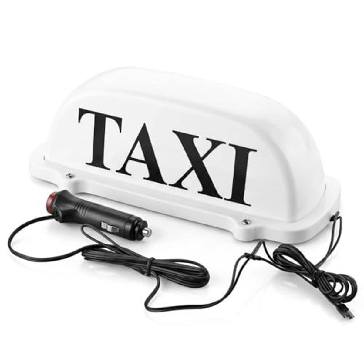 White taxi LED roof light with power adapter and bundled black cords