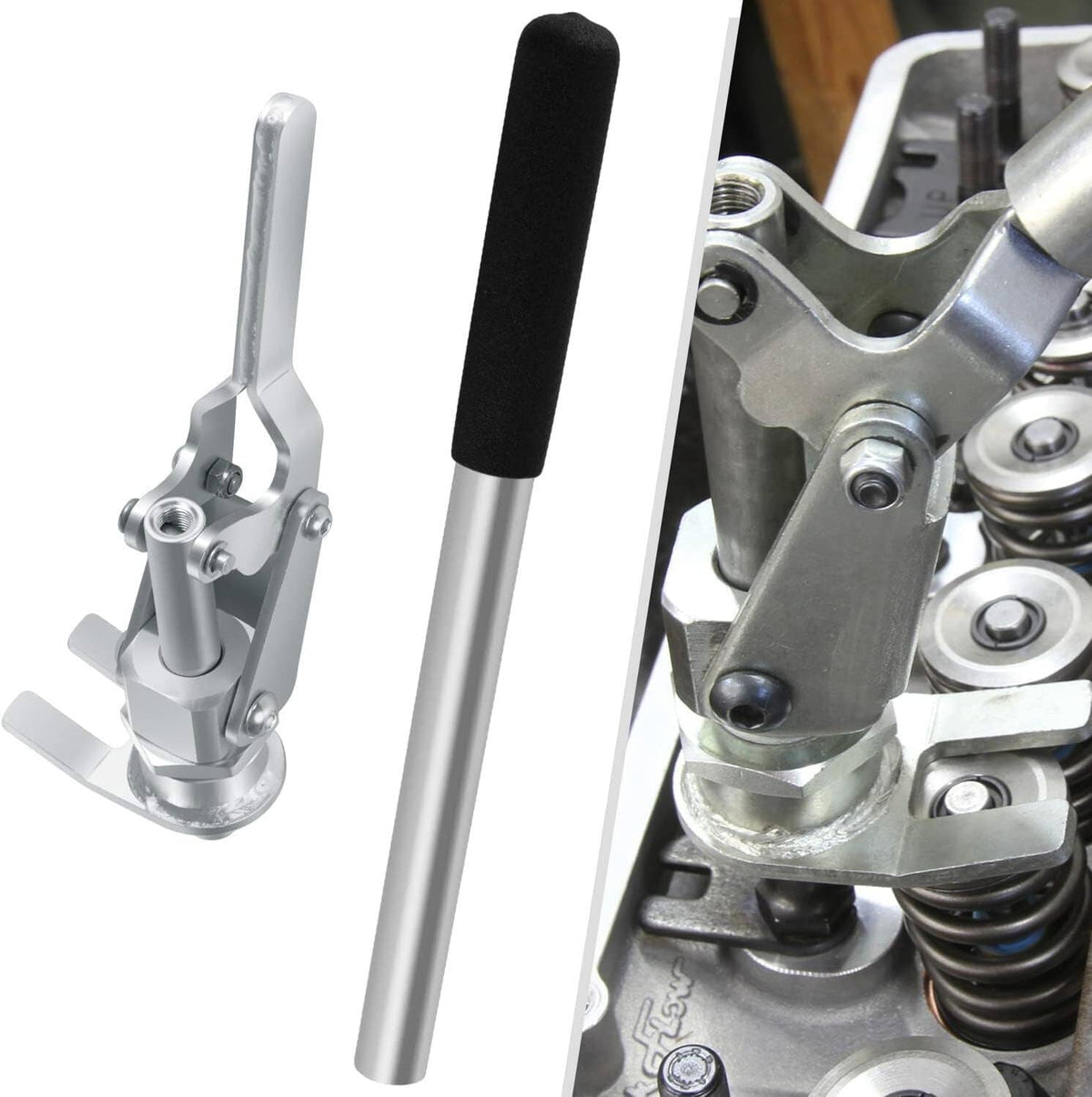 Valve spring compressor tool, silver frame with black handle grip