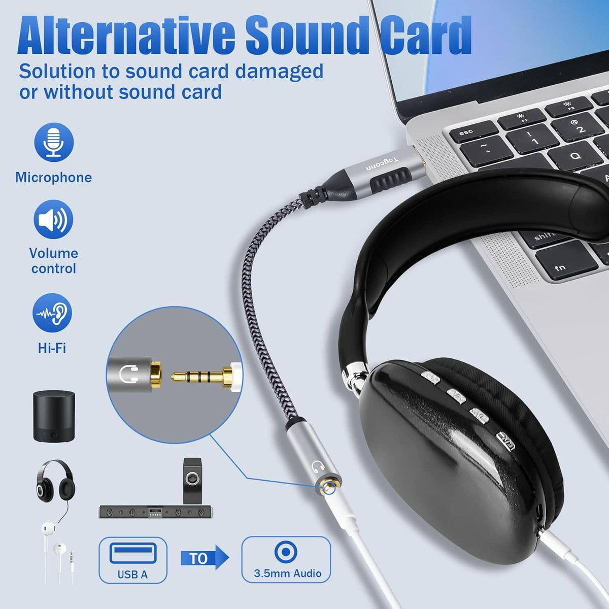 USB-A to 3.5mm TRRS adapter cable connected to headphones and a laptop