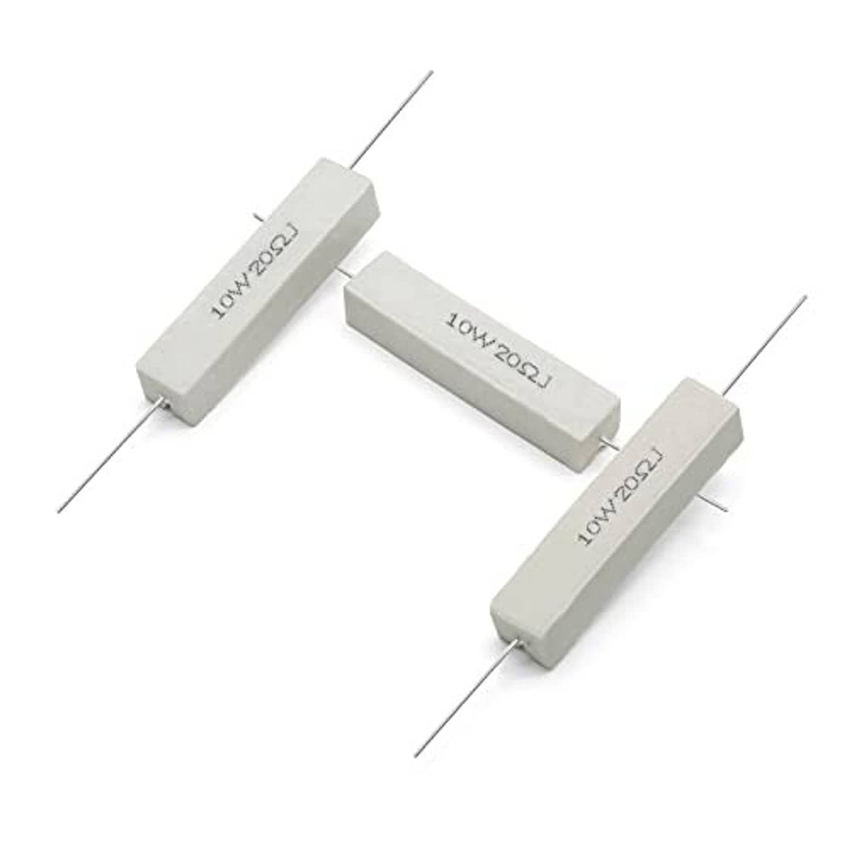 Ceramic power resistor assortment, three white 10W 20 ohm rectangular resistors with leads