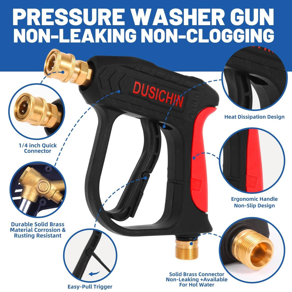 Pressure washer foam spray gun with red/black handle and brass inlet connector