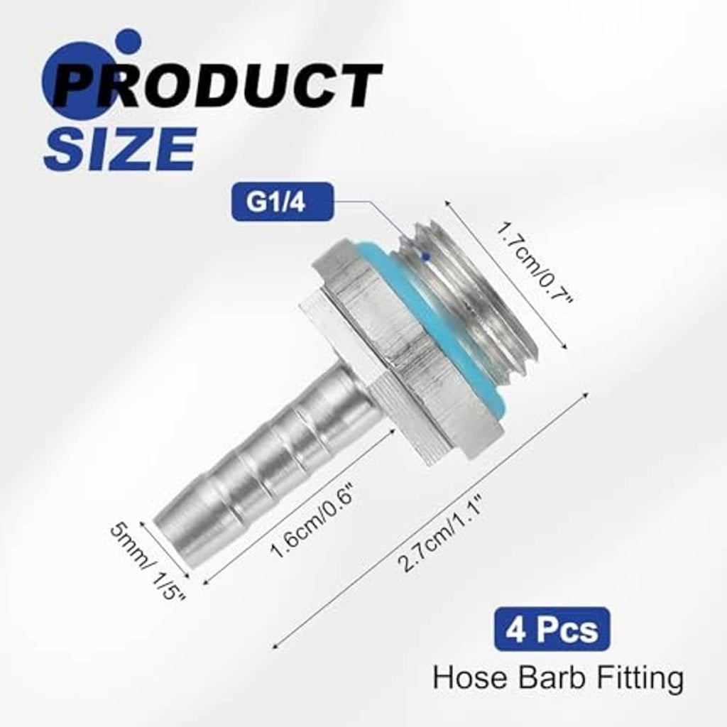 G1/4 hose barb fitting adapter with aluminum body and blue seal ring, 5mm barb